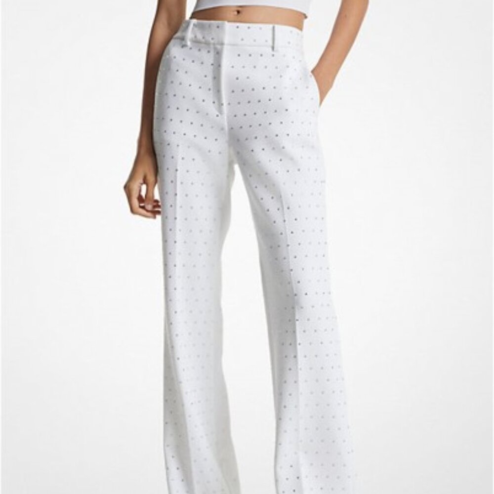 Michael Kors Crystal Embellished Stretch Crepe Bootcut Pants White size 10